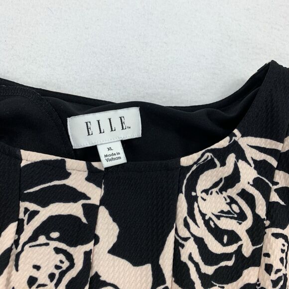 Elle Floral Print Short Sleeve A-Line Pleated Dress Size XL Womens Black Cream - Picture 3 of 7